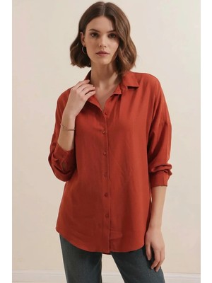 Hanka Kadın Oversize Basic Pamuklu Kiremit Gömlek