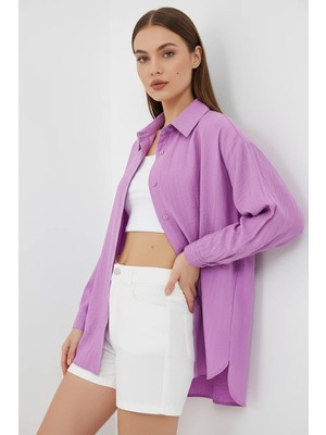 Hanka Kadın Oversize Pamuklu Lila Gömlek