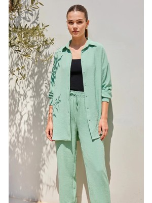 Hanka Kadın Gömlek Yaka Beli Büzgülü Oversize Mint Ikili Takım