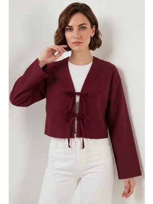 Hanka Kadın V Yaka Önü Bağlamalı Keten Bordo Kimono