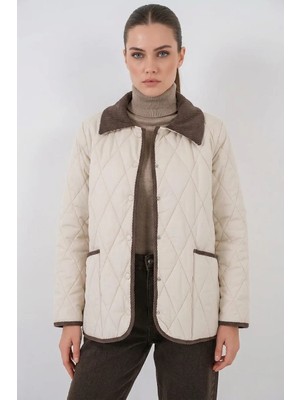 Hanka Kadın Gömlek Yaka Oversize Kapitone Çift Renk Ekru Kahve Mont