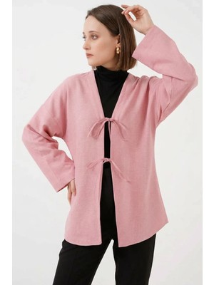 Hanka Kadın Yaka Bağcıklı Viskon Pudra Tesettür Kimono