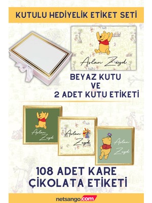 Netsango Winnie The Pooh Desenli Bebek Hediyelik Kutulu Etiket Seti - 1 Adet Kutu, 2 Adet Kutu Etiketi , 108 Adet Kare Çikolata Etiketi