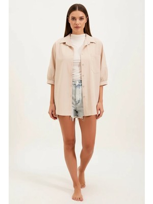 Hanka Kadın Kısa Kol Basic Oversize Pamuklu Krem Gömlek