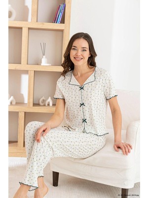 Pijamoni Kadın Kısa Kol Ribana Kumaş Pijama Takımı