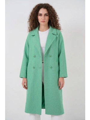 Hanka Kadın Geniş Yaka Oversize Balıksırtı Desenli Kaşe Yeşil Kaban