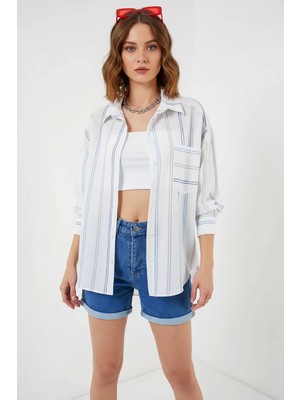 Hanka Kadın Oversize Çizgili Pamuklu Beyaz Gömlek