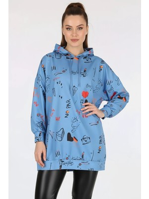 Hanka Kadın Sıfır Yaka Oversize Kapüşonlu Grafik Desenli Pamuklu Indigo Sweatshirt