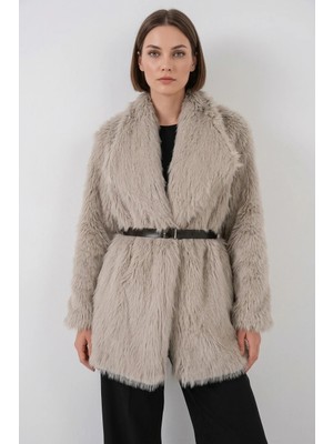 Hanka Kadın Geniş Yaka Kemerli Kürklü Oversize Taş Kaban