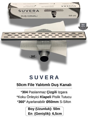 Suvera 50CM Paslanmaz Izgaralı (File Yalıtım Kitli) Koku Önleyici Klapeli Duş Kanalı – Ø50MM (Fileli) S-Sifon Sistemi