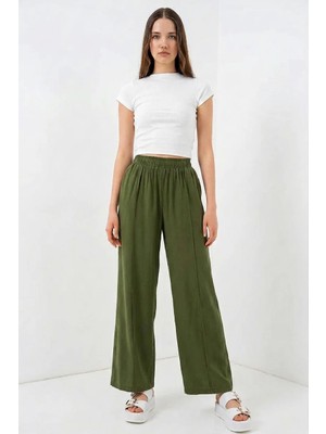 Hanka Kadın Beli Lastikli Bol Paça Haki Palazzo Pantolon