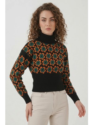 Hanka Kadın Boğazlı Crop Çiçek Desenli Oranje Kazak