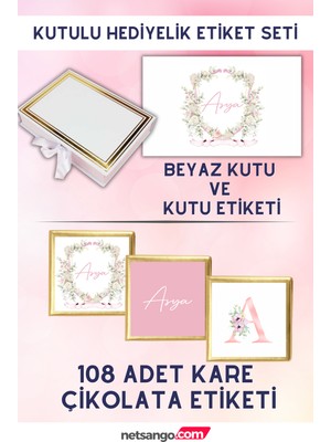 Netsango Çiçek Desen Hediyelik Etiket Seti - Beyaz Kutu, 108 Adet Çikolata Etiketi, 2 Adet Kutu Etiketi
