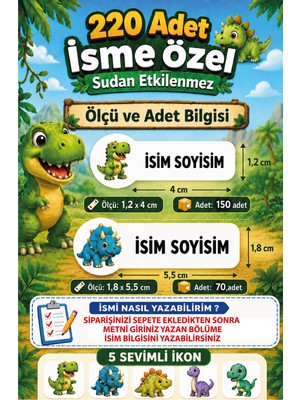 Cabuk Baskı Dinozor Desenli Kişiye Özel Isim Etiketi Seti 220 Adet Sudan Etkilenmez Defter Kalem Okul Etiketi