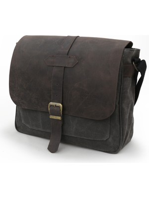 Dark Cotton 7503 Hakiki Deri Siyah Kapaklı Suya Dayanıklı Mumlu Kanvas 15” Laptop, Okul, Evrak Seyahat Çantası