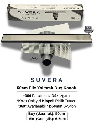 Suvera 50CM 304 Paslanmaz Izgaralı (File Yalıtım Kitli) Koku Önleyici Klapeli Duş Kanalı – Ø50MM (Fileli) S-Sifon Sistemi - (304 Düz Izgara)