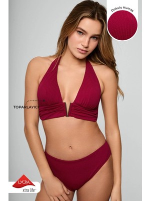 Kom India Dokulu Kumaş Üçgen Bikini Takımı Vişne