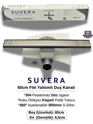 Suvera 60CM 304 Paslanmaz Izgaralı (File Yalıtım Kitli) Koku Önleyici Klapeli Duş Kanalı – Ø50MM (Fileli) S-Sifon Sistemi - (Düz Izgara)