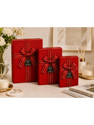 Aşkana En Çok Tercih Edilen 3’lü Dikdörtgen Hediye Kutusu Seti Kırmızı Desenli | Büyük Boy 16X23 cm Orta Boy 14X21 cm Küçük Boy 12X19 cm | Kapaklı Lüks Hediye Kutusu