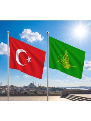 Punto Dizayn Osmanlı Tuğrası Yeşil Bayrağı ve Alpaka Kumaş Türk Bayrağı 2'li Set 70x105cm