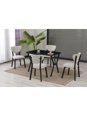 Vivense Elis Mutfak Masa Takımı, 4 Sandalye, Siyah, 110X70 Cm, Krem