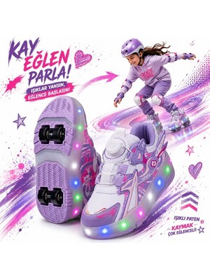 Alessio Patenli Işıklı Akıllı Bağcıklı Çocuk Sneaker Ayakkabı Lila 29-36