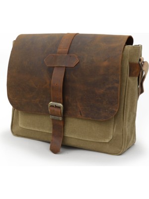 Dark Cotton 7503 Hakiki Deri Camel Kapaklı Suya Dayanıklı Mumlu Kanvas 15” Laptop, Okul, Evrak Seyahat Çantası