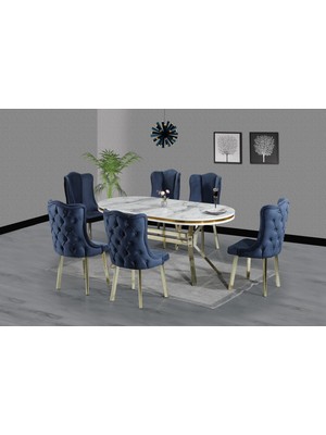 BafArt Valencia Modern Tasarımlı Yemek Odası Takımı Metal 6 Sandalye Beyaz Renk