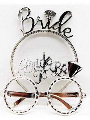 Uravas Store Bride Yazılı Taç ve Bride To Be Yazılı Gözlük Seti Gümüş Renk
