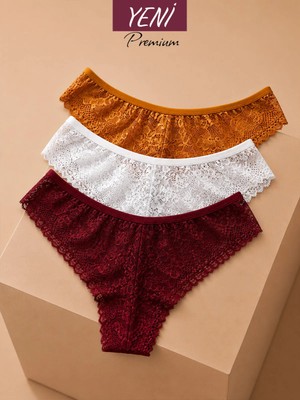 Valunor Lace Set Bordo Beyaz Turuncu Dantelli Brazilian Kadın İç Giyim Tanga Külot 3'lü Set