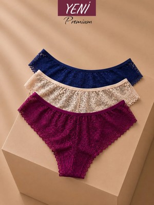 Valunor Lace Set Mor Lacivert Brazilian Stil Dantelli Kadın İç Giyim Lace Tanga Külot 3'lü Set