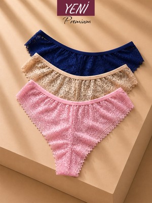 Valunor Lace Set Pembe Lacivert Brazilian Stil Dantelli Kadın İç Giyim Lace Tanga Külot 3'lü Set