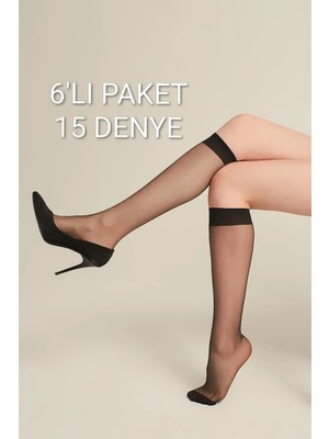 Kadın 15 Denye Parlak Diz Altı Çorap Ince Şefaf Tül Çorap Günlük Kullanım /6'lı PAKET/500 Siyah Rengi/özge Diz Altı Çorap