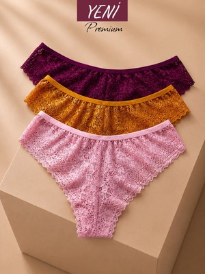 Valunor Lace Set Brazilian Stil Dantelli Kadın İç Giyim Lace Tanga Külot 3'lü Set