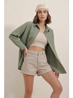 Zuzudan Kadın Oversize Kesim Basic Pamuklu Haki Gömlek