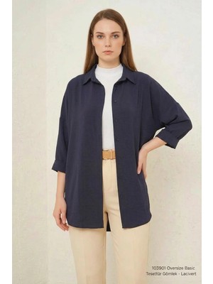 Zuzudan Kadın Oversize Kesim Basic Pamuklu Lacivert Tesettür Gömlek