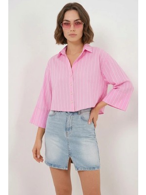 Zuzudan Kadın Oversize Çizgili Viskon Pembe Gömlek