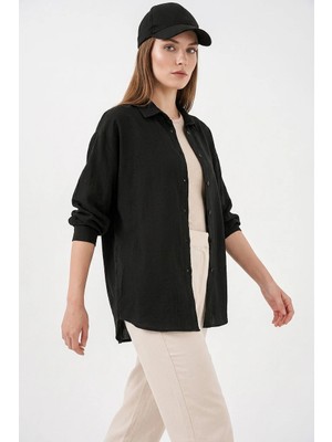 Zuzudan Kadın Oversize Kesim Pamuklu Siyah Gömlek