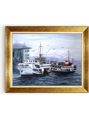 Tablore Istanbul Vapurları Temalı Sulu Boya Çerçeveli Tablo Salon Duvar Dekorasyonu