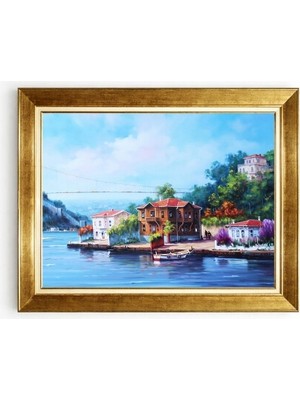 Tablore Istanbul Boğazı Yalı Manzaralı Gold Çerçeveli Kanvas Tablo