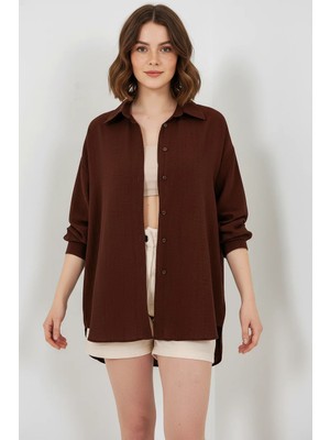 Zuzudan Kadın Oversize Kesim Pamuklu Kahverengi Gömlek