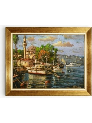 Tablore Altın Çerçeveli Ortaköy Camii ve Istanbul Boğazı Kanvas Tablo Deniz Manzaralı Yağlıboya Görünümlü
