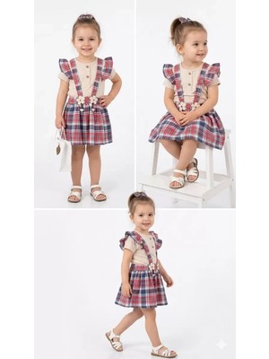 İkikareshop 9/24 Ay Tişörtlü Ekose Etek Salopet Bebek Takımı