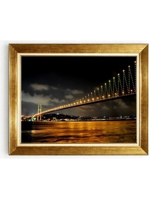Tablore Gece Işıklı Istanbul Boğaz Köprüsü Manzaralı Altın Çerçeveli Salon Tablosu