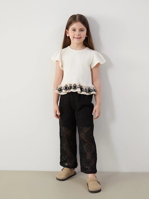 LC Waikiki Lcw Kids Siyah Beli Lastikli Dantel Kız Çocuk Pantolon