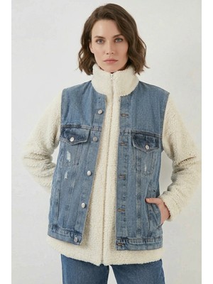 Zuzudan Kadın Yüksek Yaka Denim Peluş Yırtık Detaylı Pamuklu Lacivert Mont