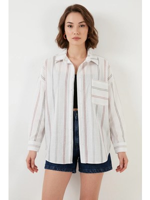 Zuzudan Kadın Oversize Çizgili Pamuklu B.beyaz Gömlek