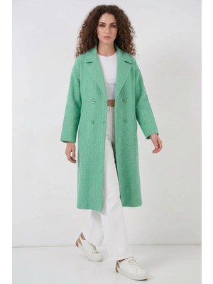 Zuzudan Kadın Geniş Yaka Oversize Balıksırtı Desenli Kaşe Yeşil Kaban