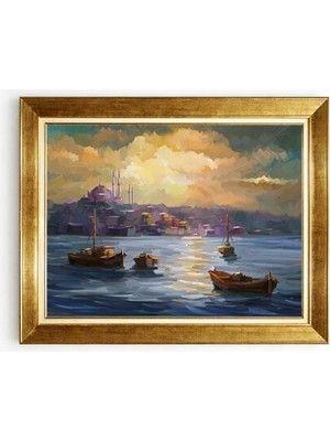 Tablore Gold Çerçeveli Istanbul Manzaralı Yağlı Boya Dokulu Tablo