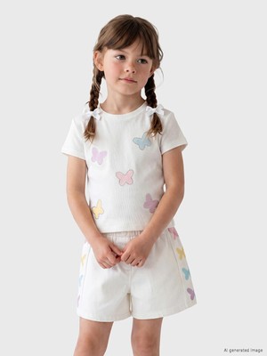 LC Waikiki Lcw Kids Beyaz Taşlı Kelebek Baskılı Kız Çocuk Tişört